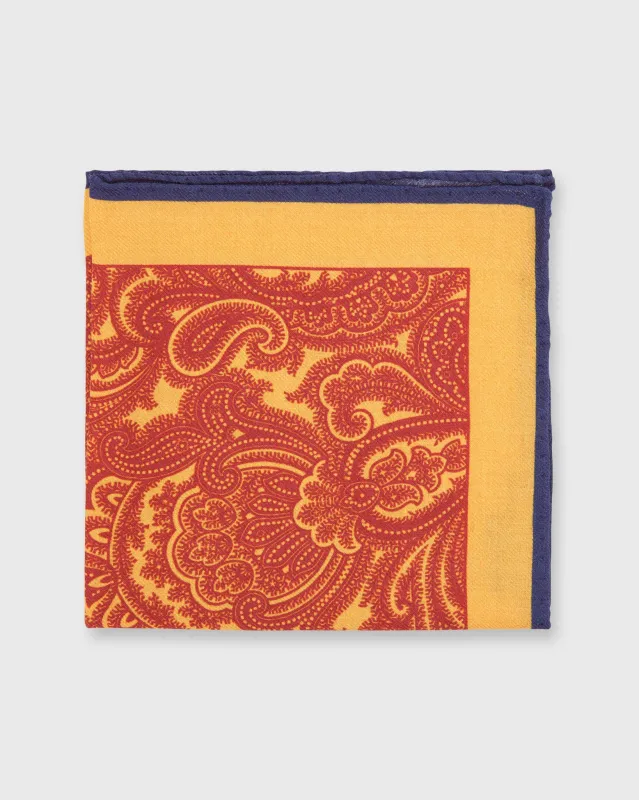 Wool/Silk Print Pocket Square in Collegiate Gold/Vermillion/Navy Large Paisley made by Sid Mashburn