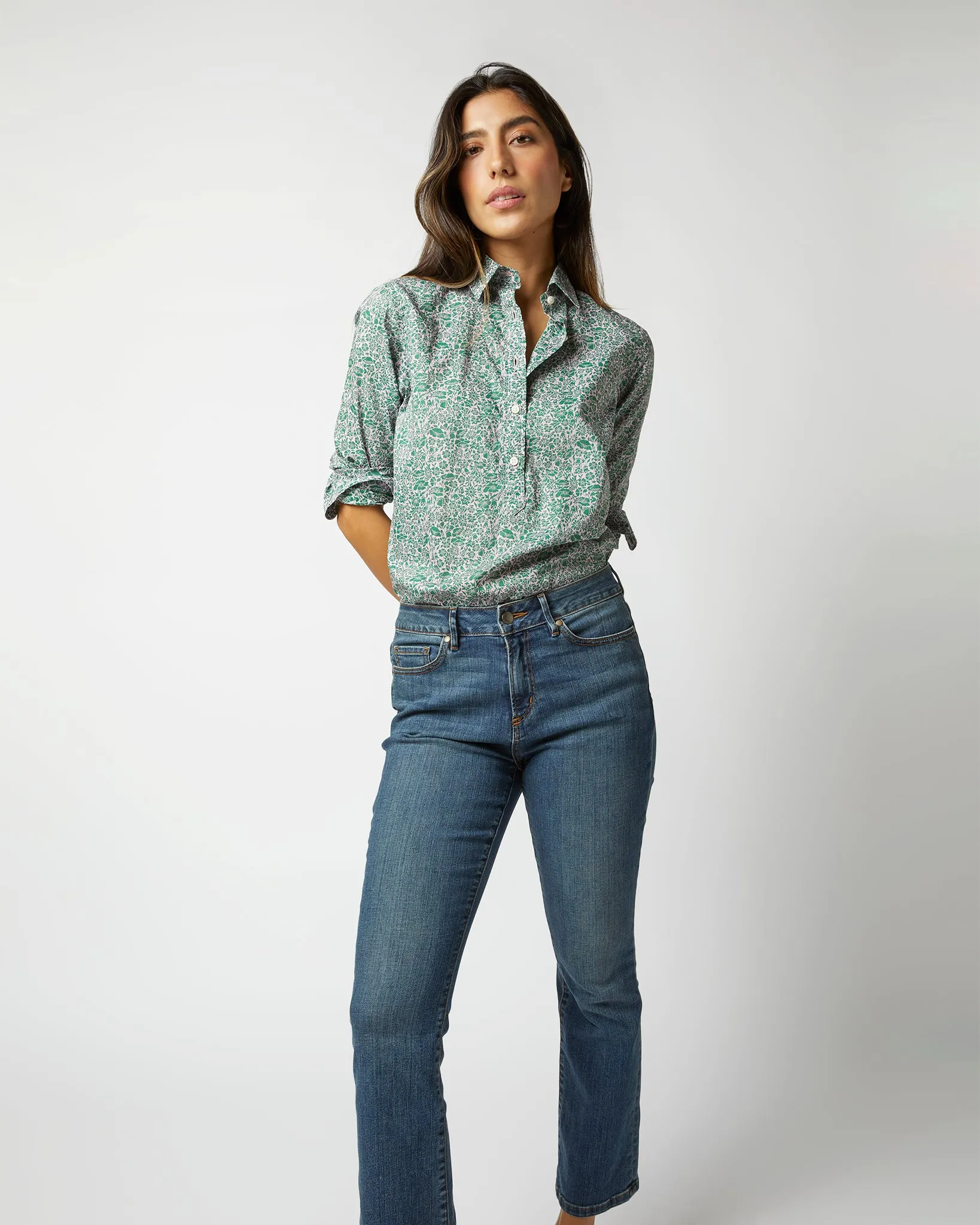 Tomboy Popover Shirt in Green/Rose Poppy Day Liberty Fabric sold by Mashburn