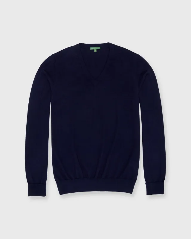 Fine-Gauge V-Neck Sweater in Navy Cashmere sold by Mashburn