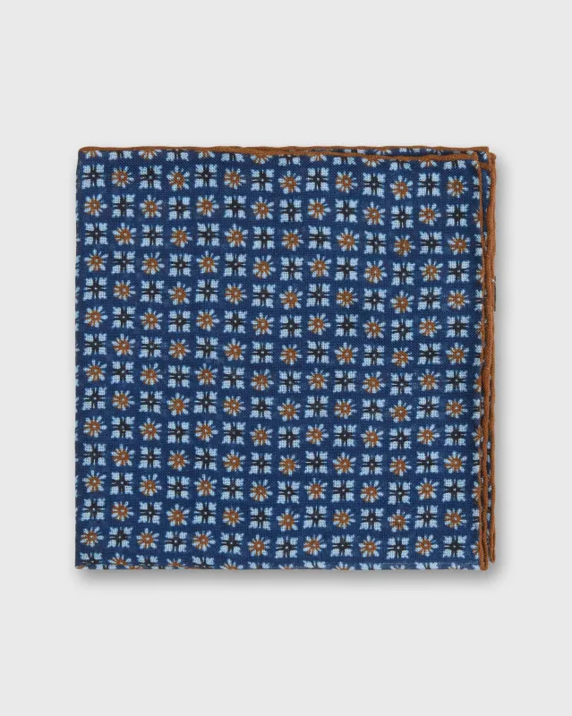 Wool/Silk Print Pocket Square in Marine/Sky/Umber Mosaic made by Mashburn
