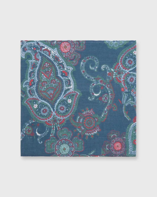 Linen/Cotton Print Pocket Square in Prussian Blue/Sage/Red Paisley sold by Mashburn