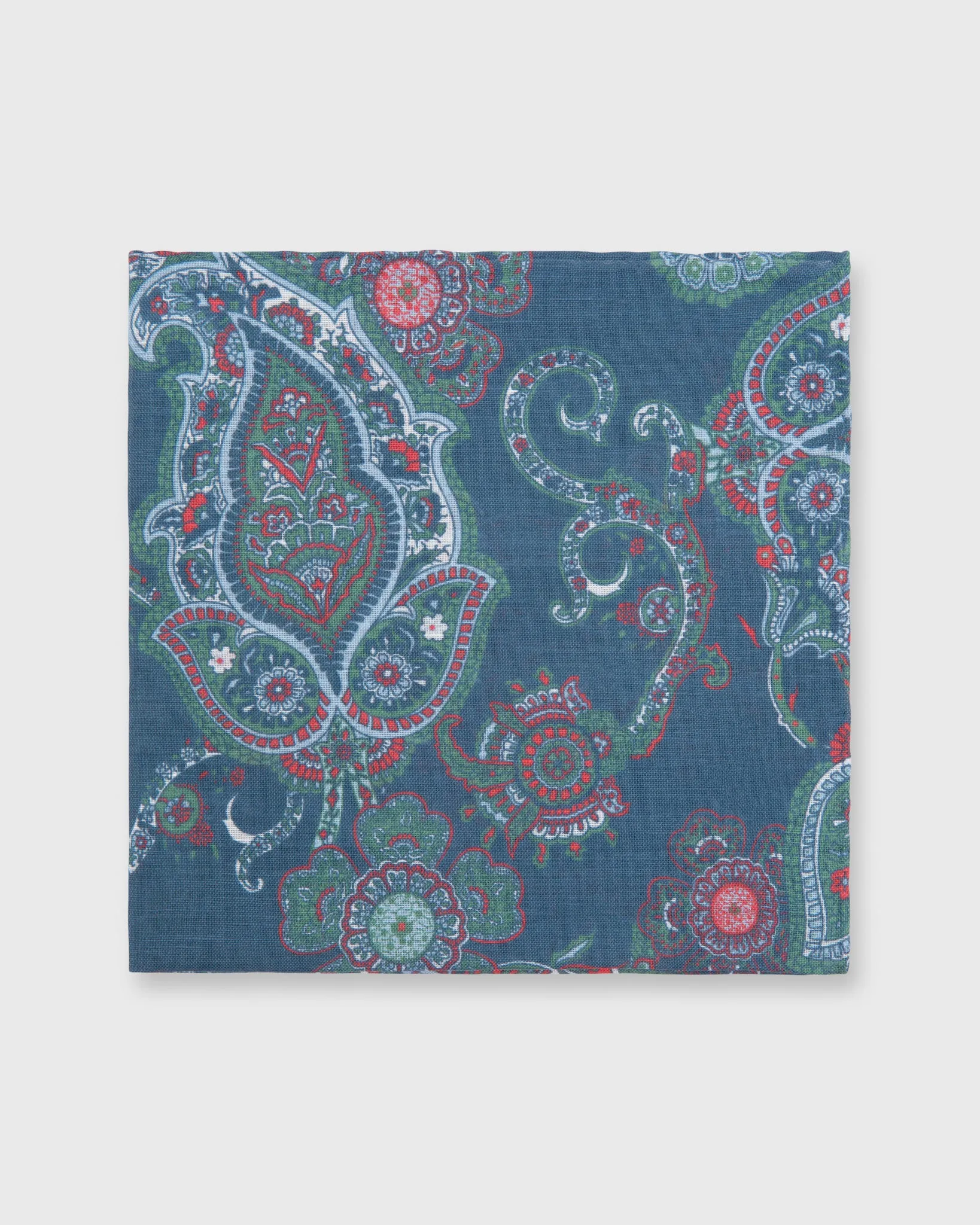 Linen/Cotton Print Pocket Square in Prussian Blue/Sage/Red Paisley sold by Mashburn