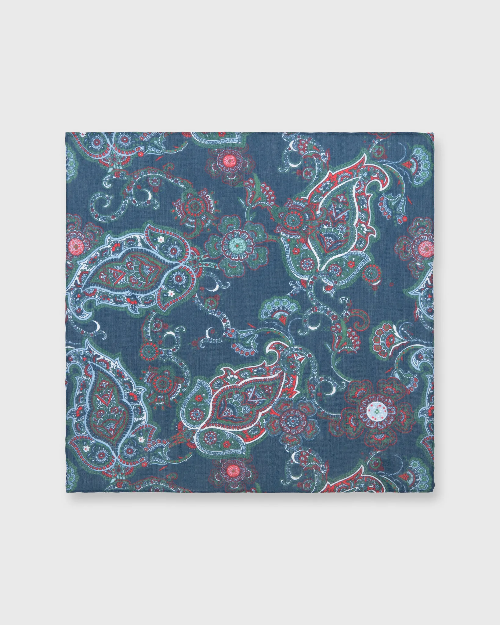 Linen/Cotton Print Pocket Square in Prussian Blue/Sage/Red Paisley sold by Mashburn product image thumbnail 2