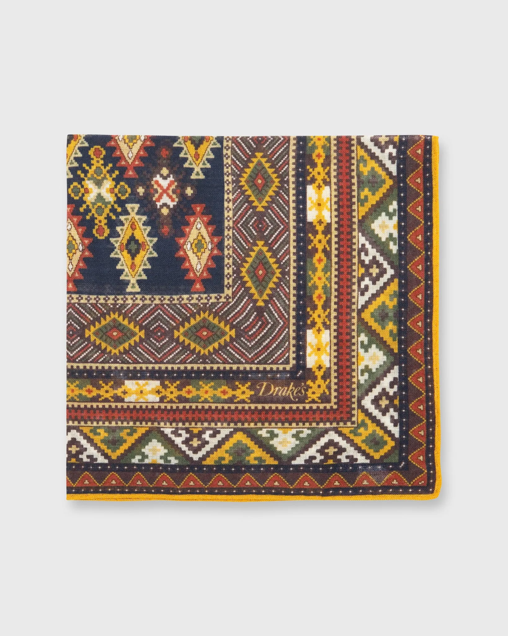 Hand-Rolled Pocket Square in Navy/Gold/Multi Geo Kelim sold by Mashburn