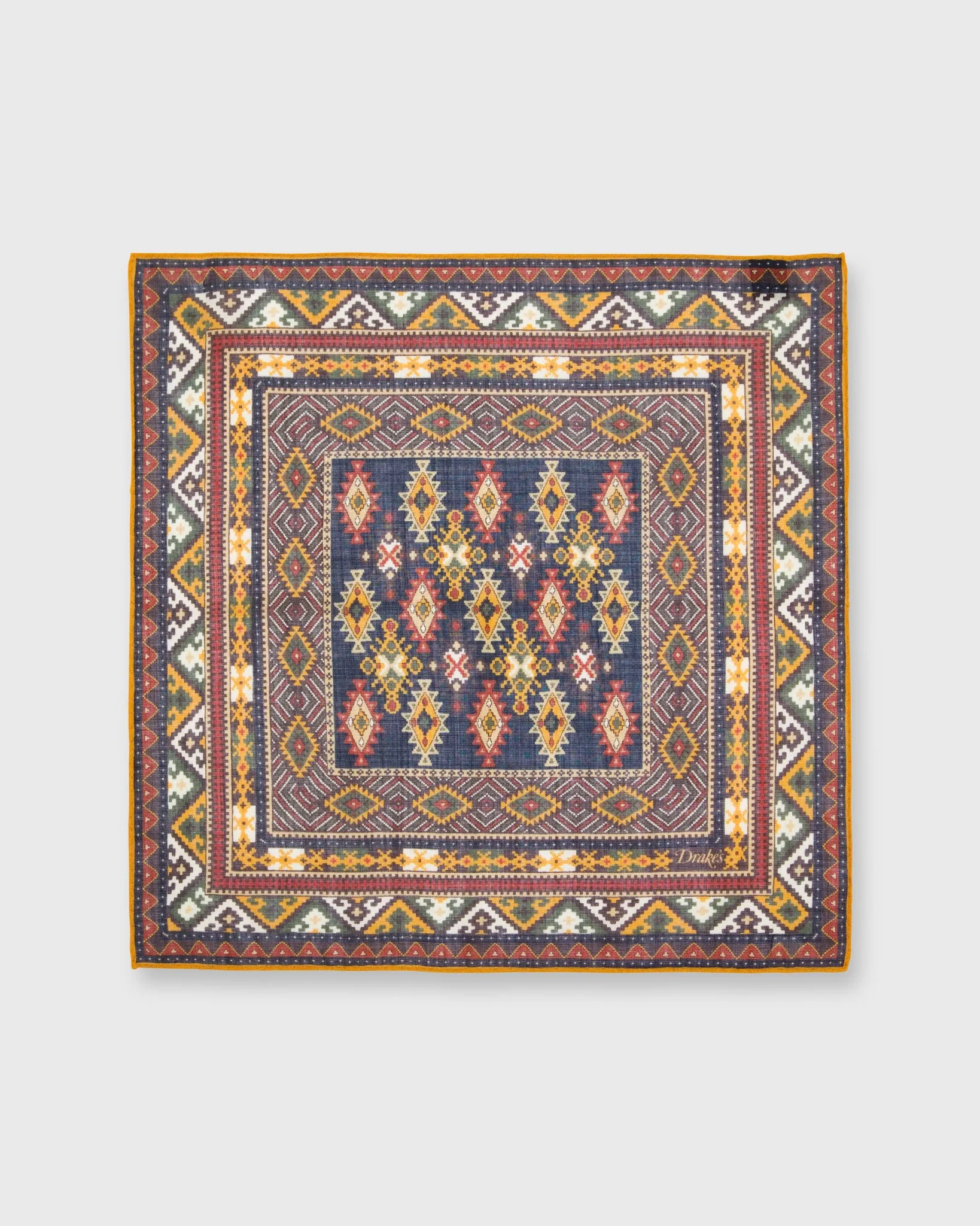 Hand-Rolled Pocket Square in Navy/Gold/Multi Geo Kelim sold by Mashburn product image thumbnail 2