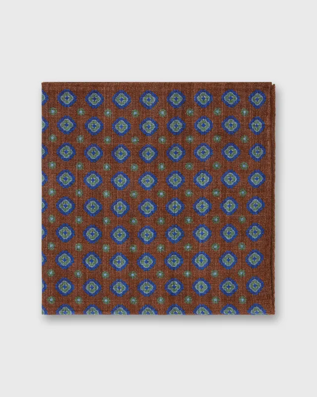 Wool/Silk Pocket Square in Brown/Blue/Green Medallion made by Mashburn
