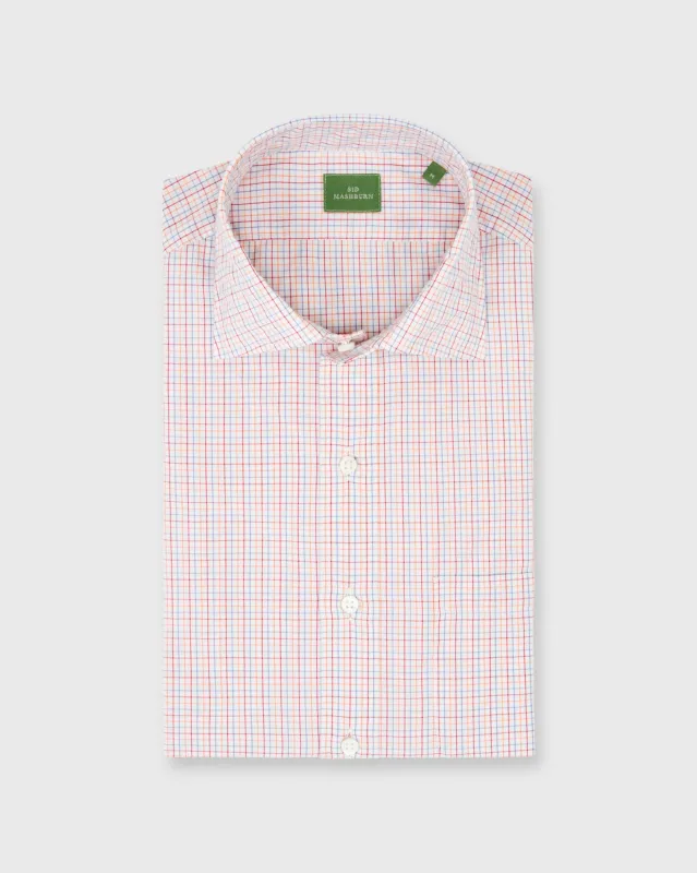 Spread Collar Sport Shirt in Blue/Orange/Red Tattersall Pinpoint Poplin sold by Mashburn