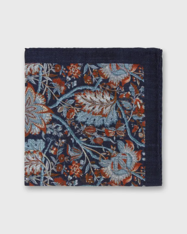 Wool/Silk Pocket Square in Navy/Sky/Orange Floral made by Mashburn