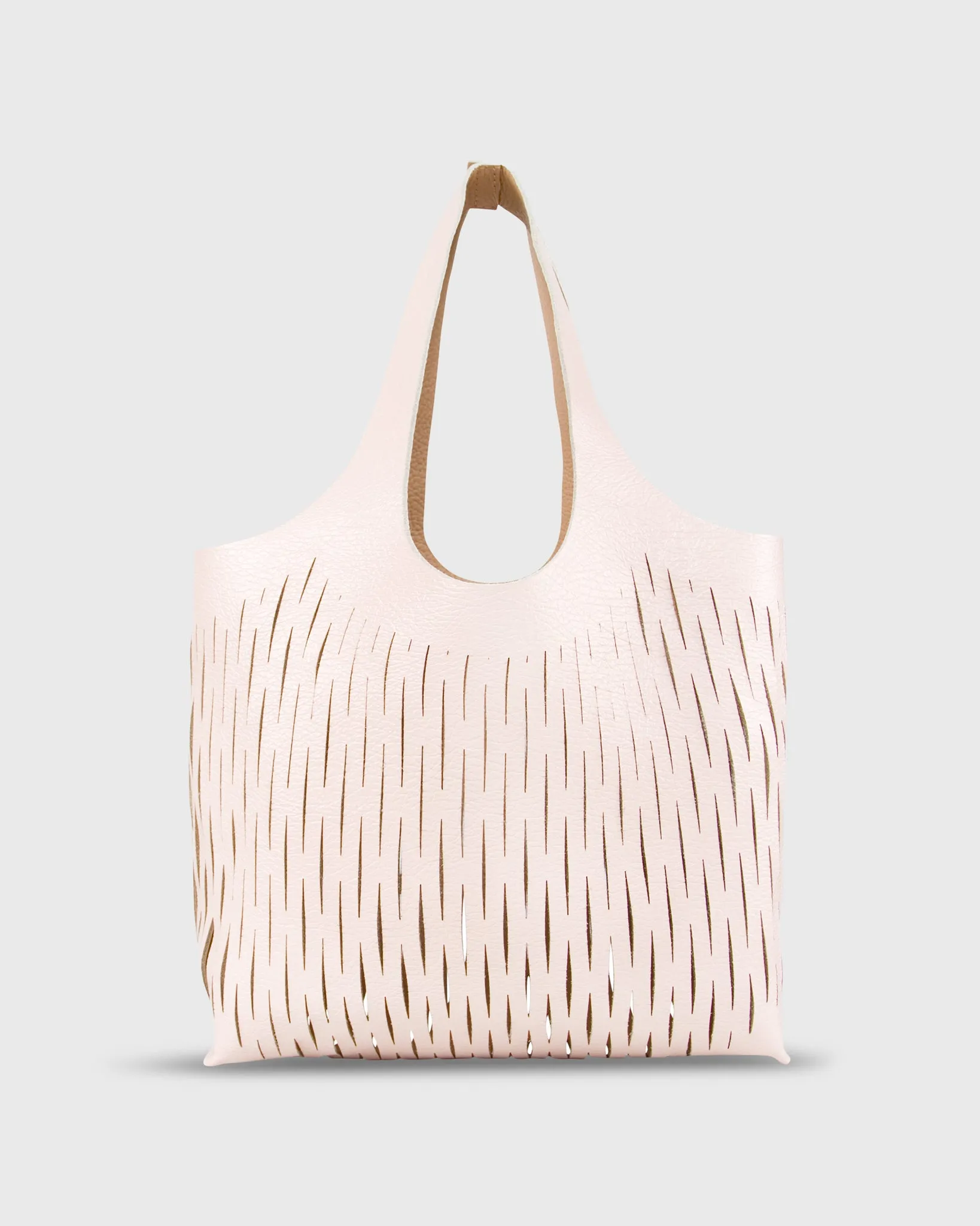 Reversible Laser-Cut Bucket Bag in Camel/Blush Leather sold by Mashburn product image thumbnail 3