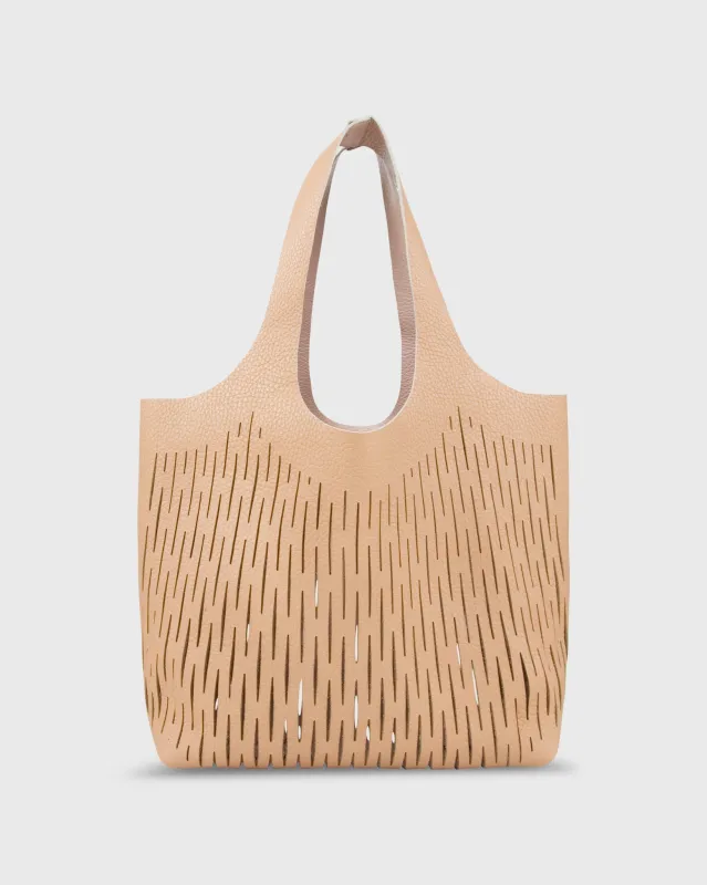 Reversible Laser-Cut Bucket Bag in Camel/Blush Leather made by Mashburn