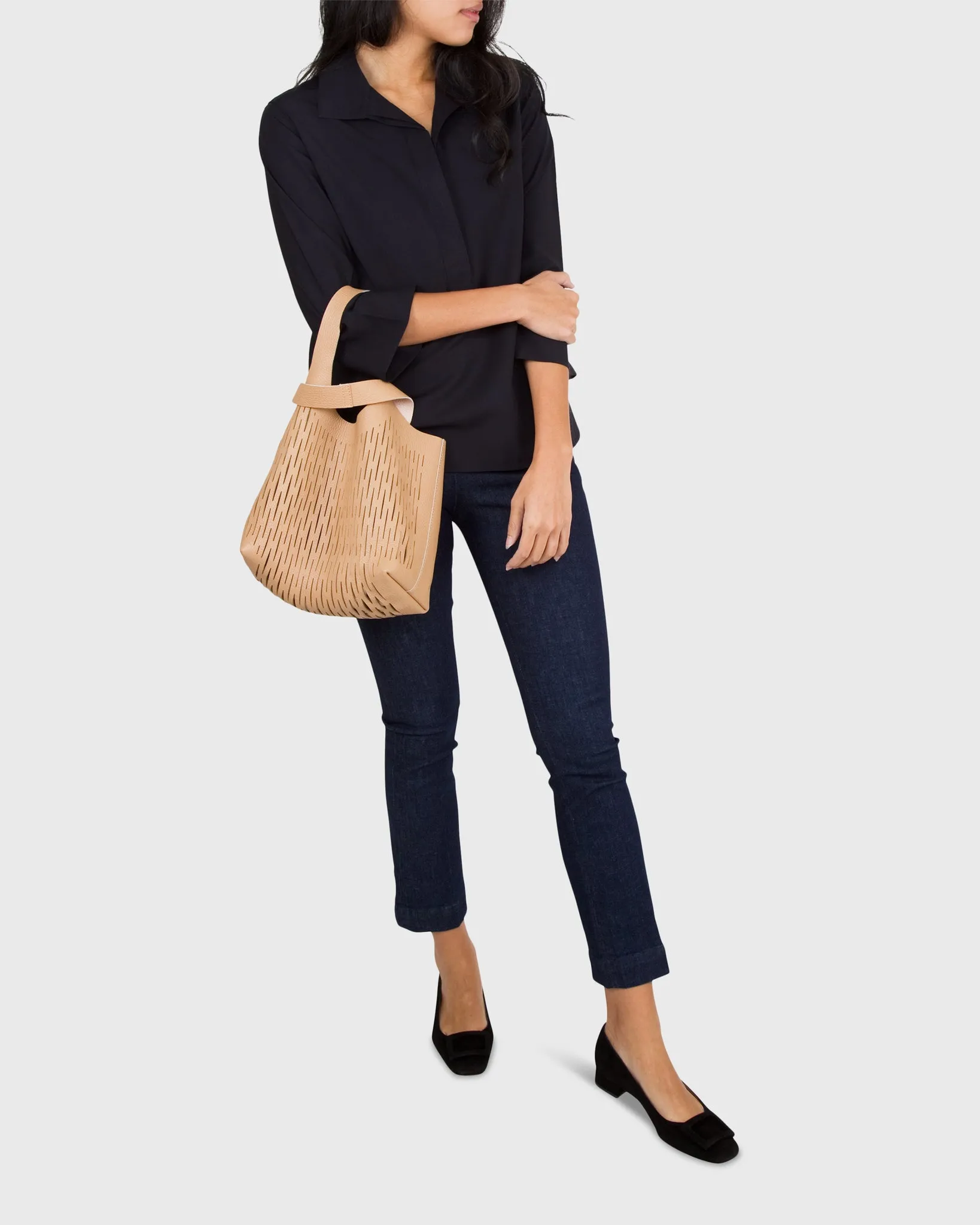 Reversible Laser-Cut Bucket Bag in Camel/Blush Leather sold by Mashburn product image thumbnail 2