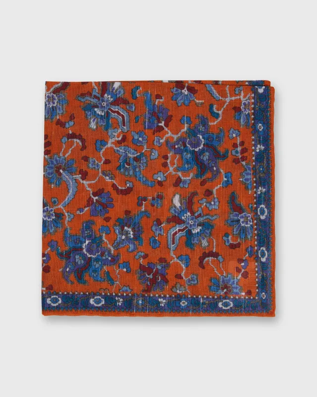 Linen/Cotton Print Pocket Square in Orange/Blue Large Floral sold by Mashburn