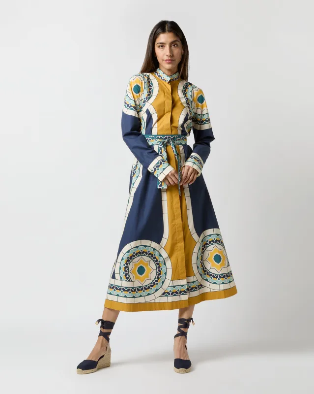 Sundowner Dress in Blue Mudejar Placée Cotton Popeline made by LA DoubleJ