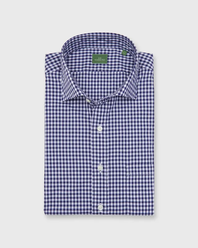 Spread Collar Sport Shirt in Navy Gingham Poplin sold by Mashburn