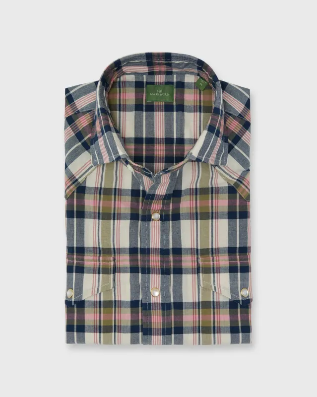 Western Work Shirt in Bone/Navy/Berry Madras sold by Mashburn