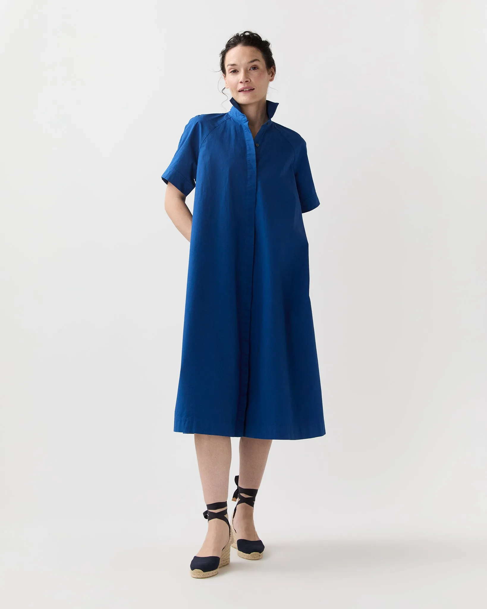 Riley Dress in Marine Paperweight Stretch Poplin sold by Mashburn