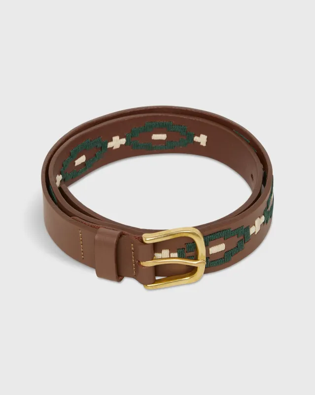 1 1/8" Polo Belt in Green/Bone Medium Brown Leather made by Sid Mashburn