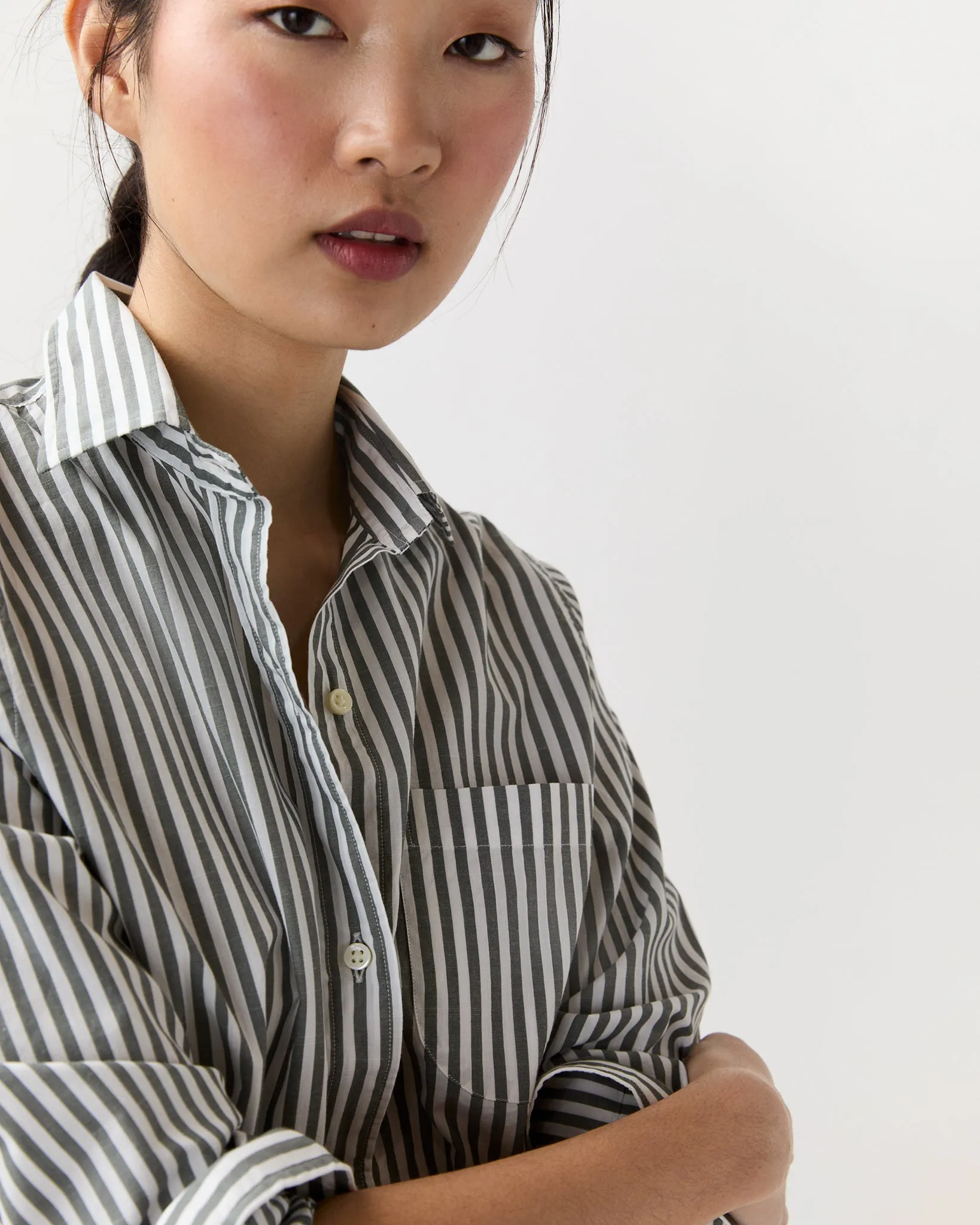 Sidney Shirt in Olive/White Stripe Chambray sold by Mashburn product image thumbnail 2