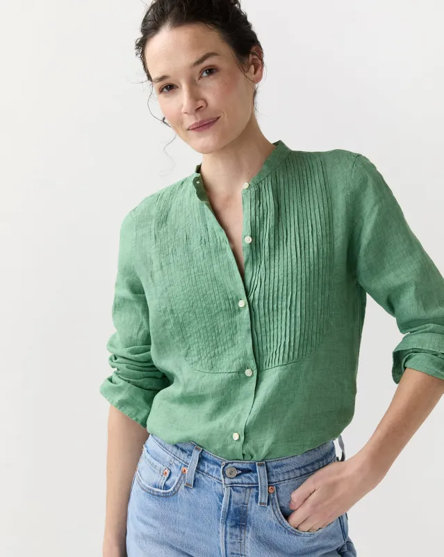 Mandarin Hattie Shirt in Grass Sahara Linen made by Mashburn