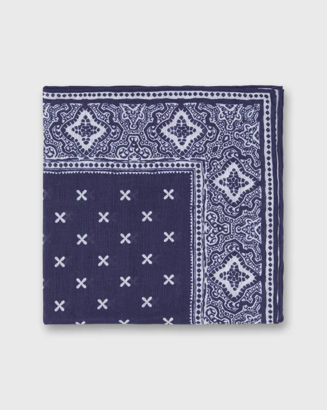 Linen/Cotton Print Pocket Square in Blue/Bone Paisley Bandana made by Sid Mashburn