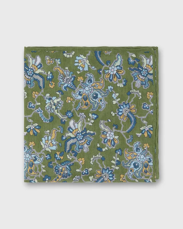Linen/Cotton Print Pocket Square in Green/Sky Jacobean Floral sold by Mashburn