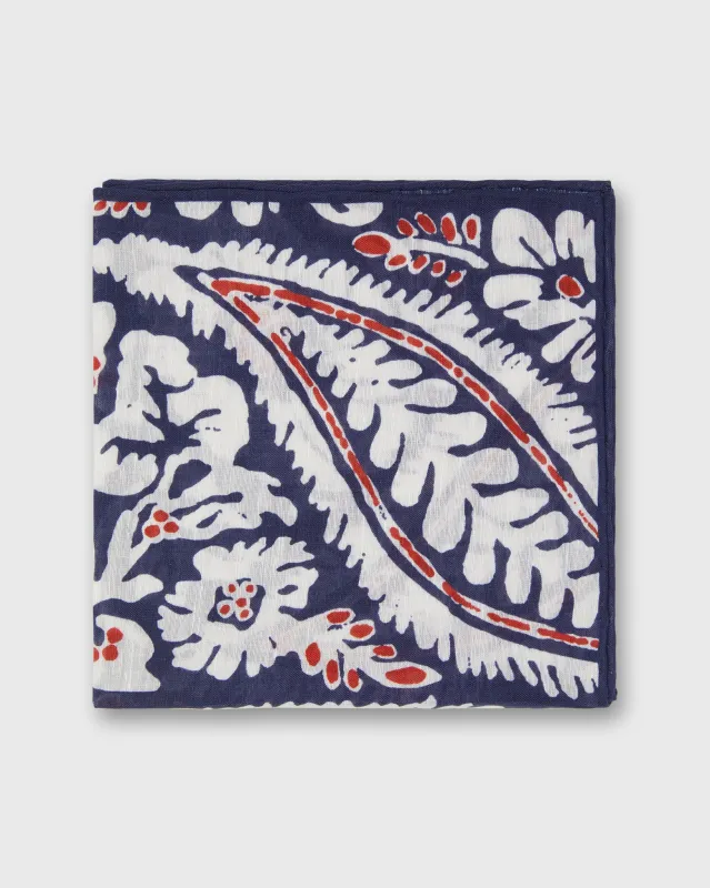 Linen/Cotton Print Pocket Square in Navy/Chalk/Red Large Paisley made by Sid Mashburn