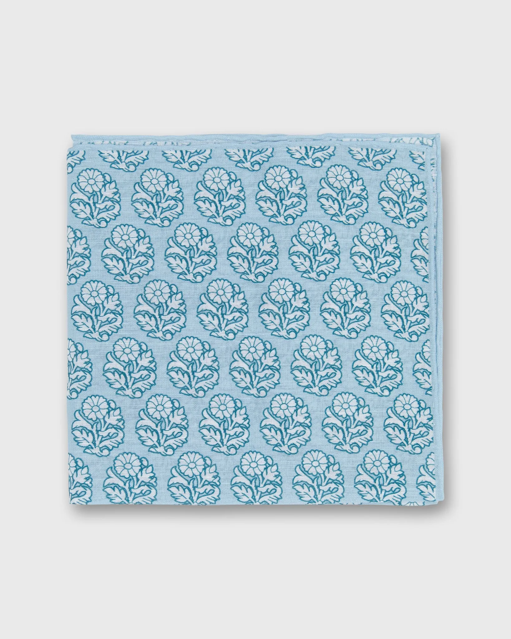 Linen/Cotton Print Pocket Square in Seafoam/Bone Flower sold by Mashburn