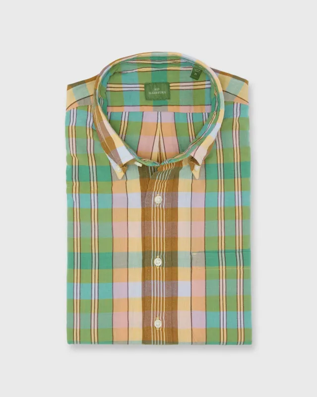 Button-Down Sport Shirt in Mango/Green/Brown Madras made by Sid Mashburn