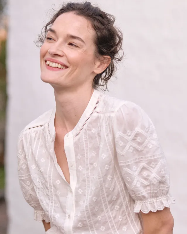Leonie Blouse in White Embroidered Eyelet made by Mashburn