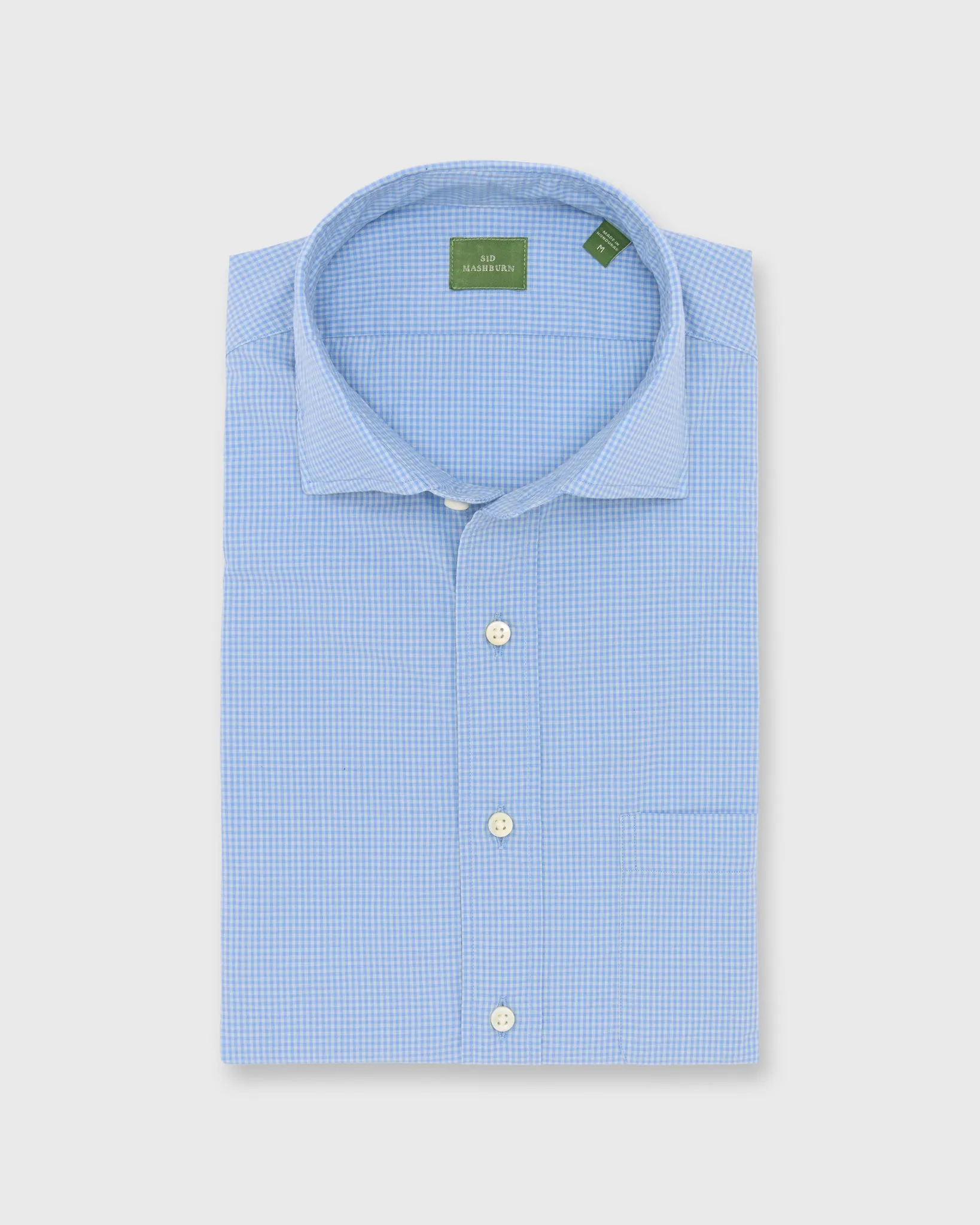 Spread Collar Sport Shirt in Blue/Sage Micro Gingham Poplin sold by Mashburn
