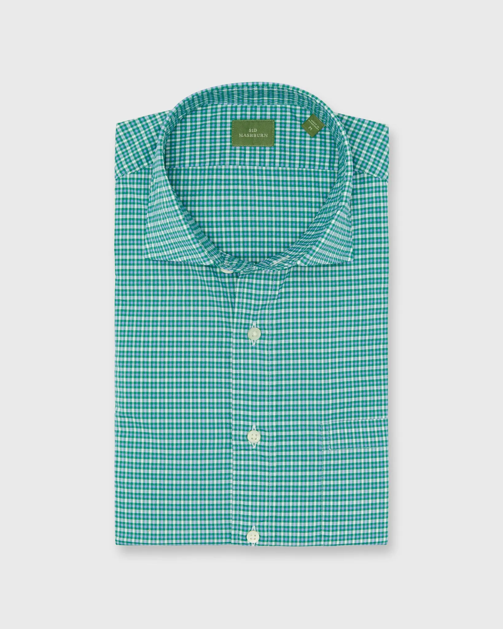 Spread Collar Sport Shirt in Green/Sky/White Check Poplin sold by Mashburn