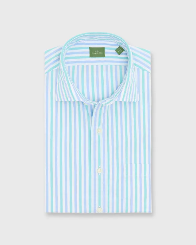 Spread Collar Sport Shirt in Seaglass/Coastal Stripe Chambray made by Sid Mashburn