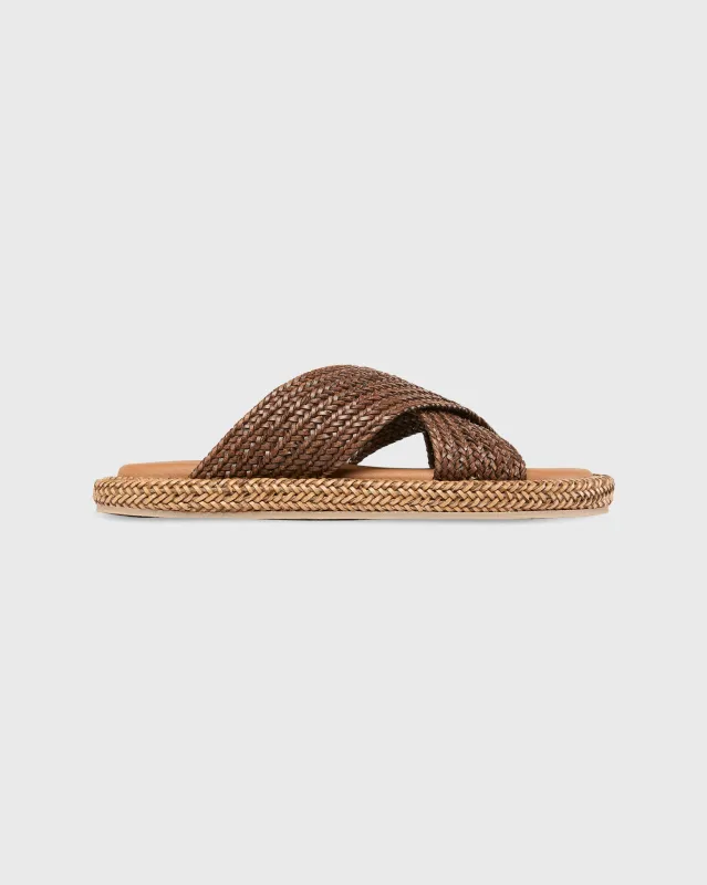 Woven Criss-Cross Slide in Brown Leather made by Mashburn