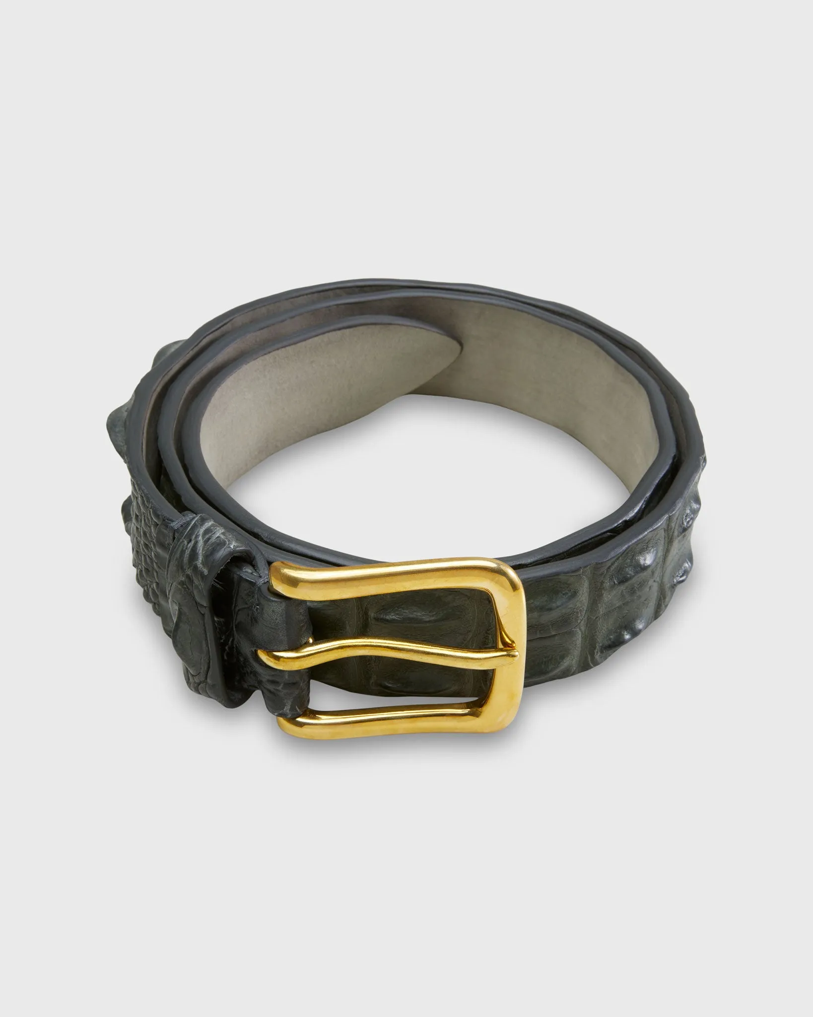1 3/8" Hornback Crocodile Belt in Dark Olive sold by Mashburn