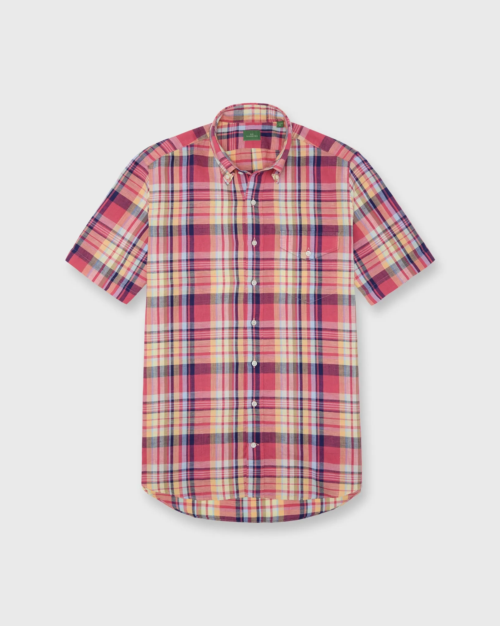 Short-Sleeved Button-Down Sport Shirt in Berry/Yellow/Blue Plaid Cotolino Oxford sold by Mashburn product image thumbnail 2