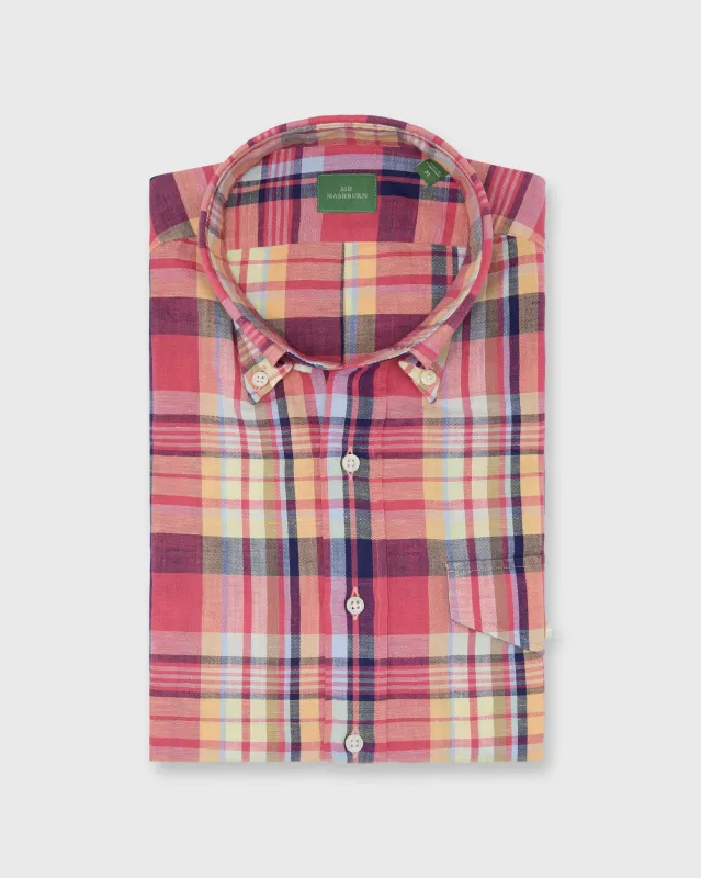Short-Sleeved Button-Down Sport Shirt in Berry/Yellow/Blue Plaid Cotolino Oxford made by Sid Mashburn