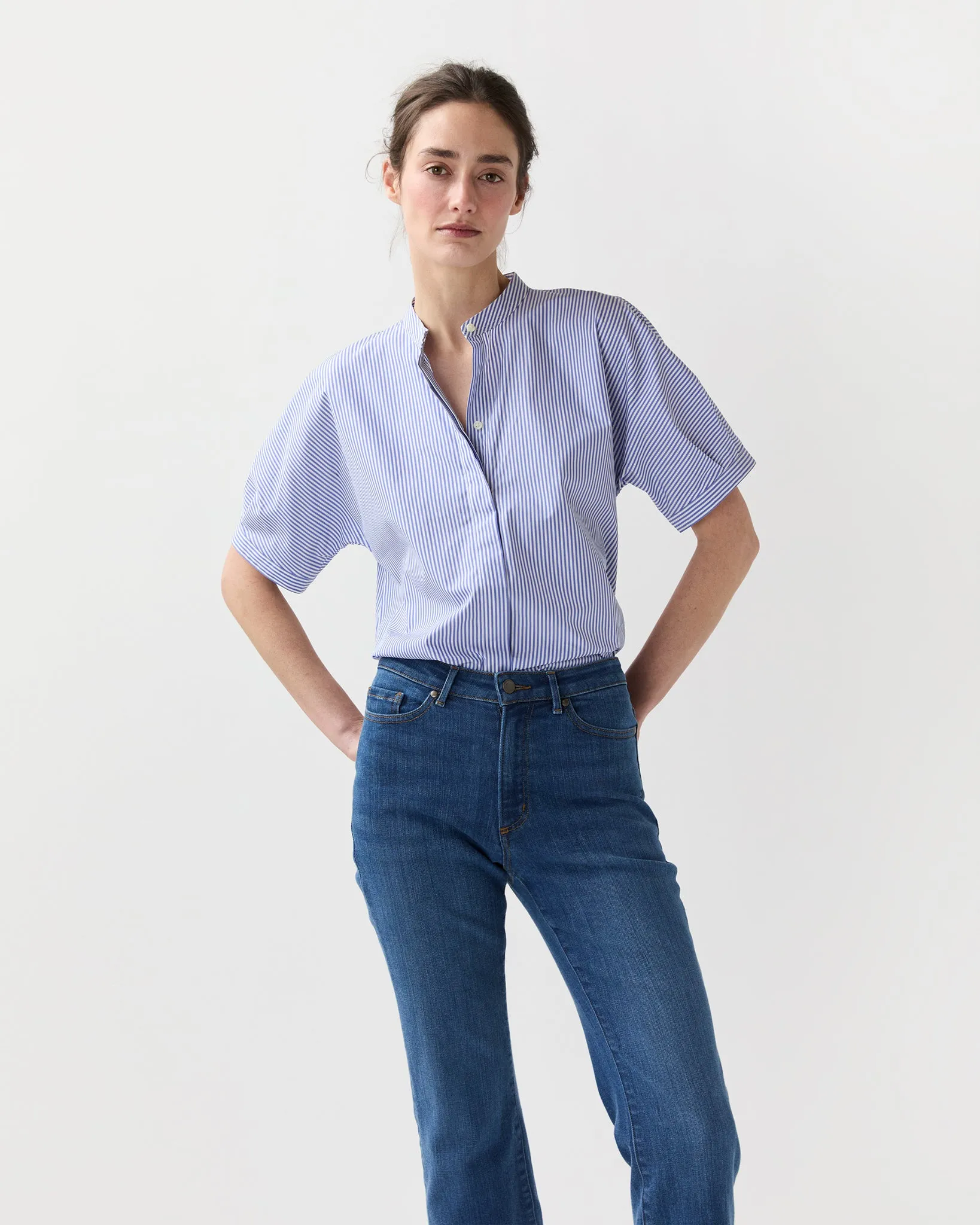 Perry Shirt in Blue Bengal Stripe Poplin sold by Mashburn