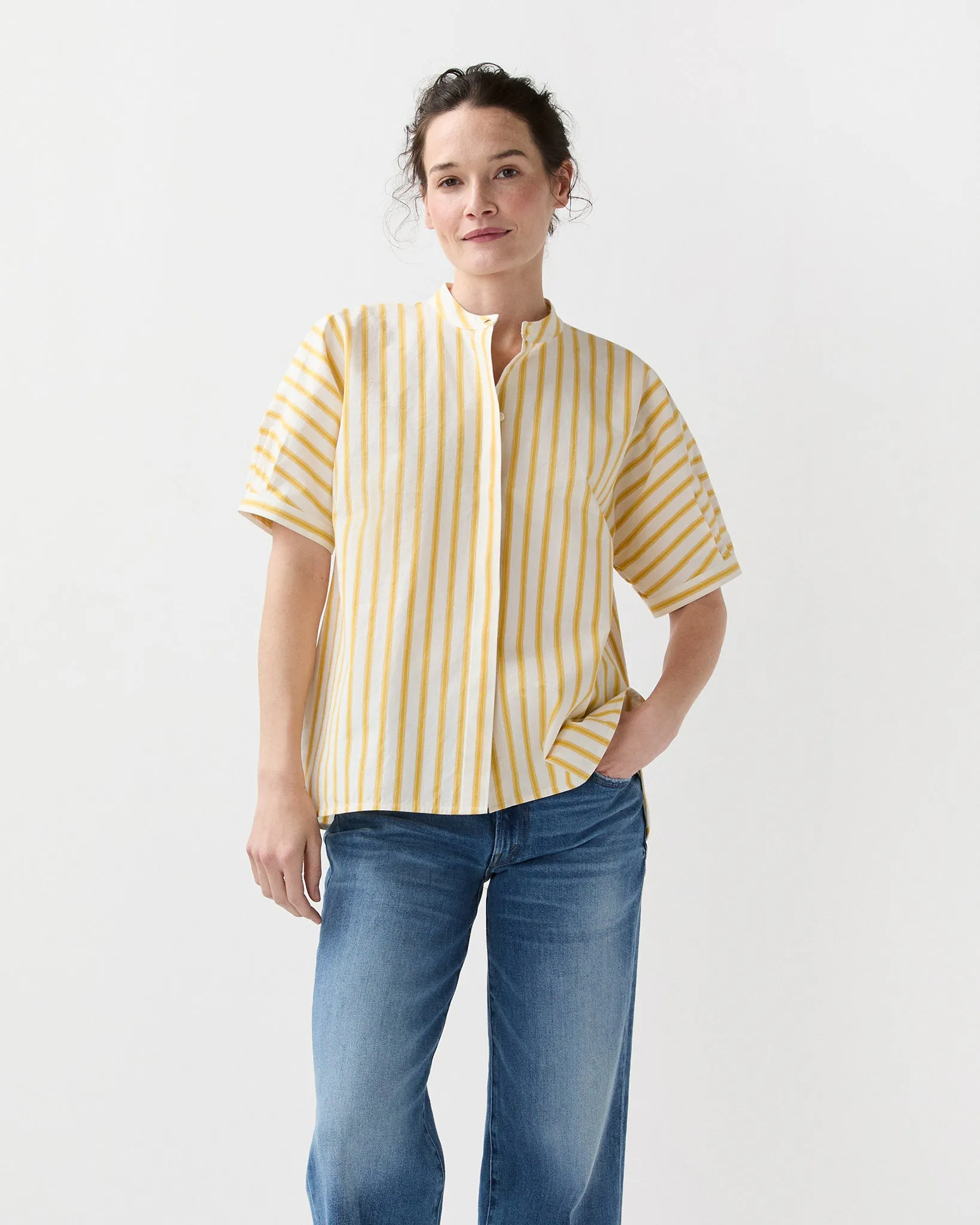 Perry Shirt in Gold/Ivory Balanced Stripe sold by Mashburn