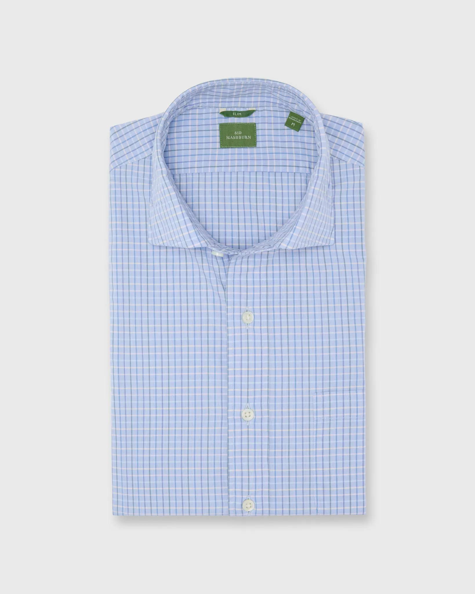 Slim-Fit Spread Collar Sport Shirt in Heather Sky/Green/Blue Multi Tattersall Poplin sold by Mashburn