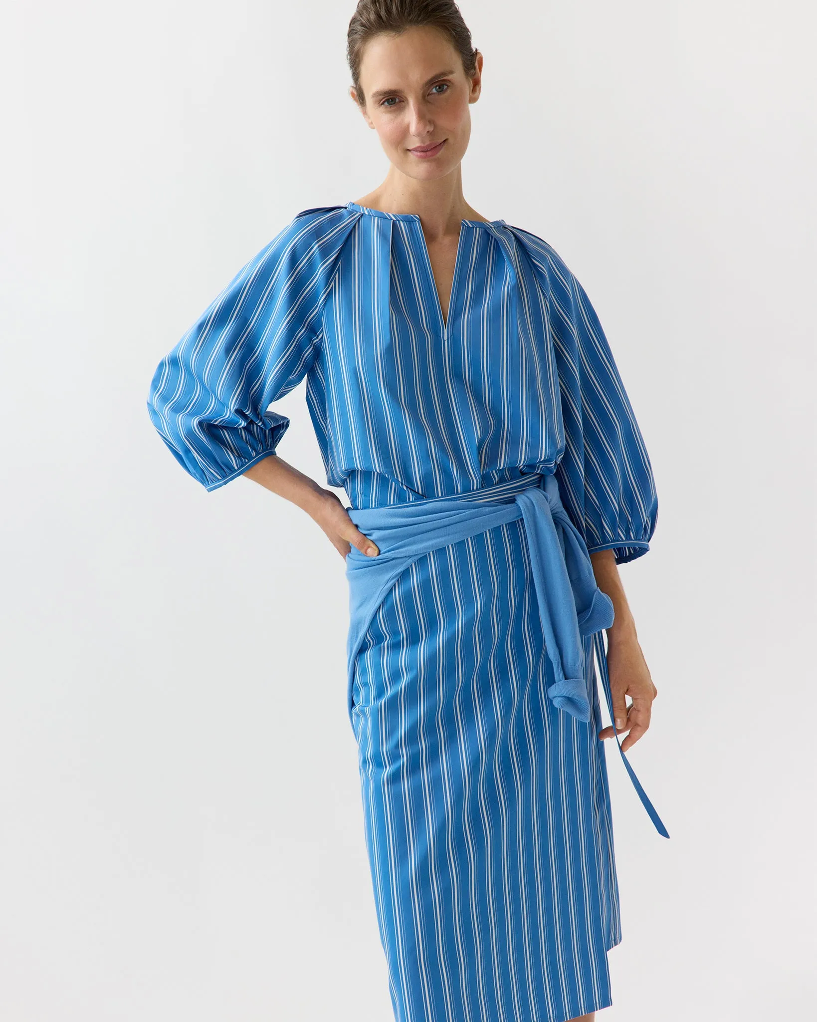 Victoria Blouse in Blue/White Variegated Stripe Poplin sold by Mashburn