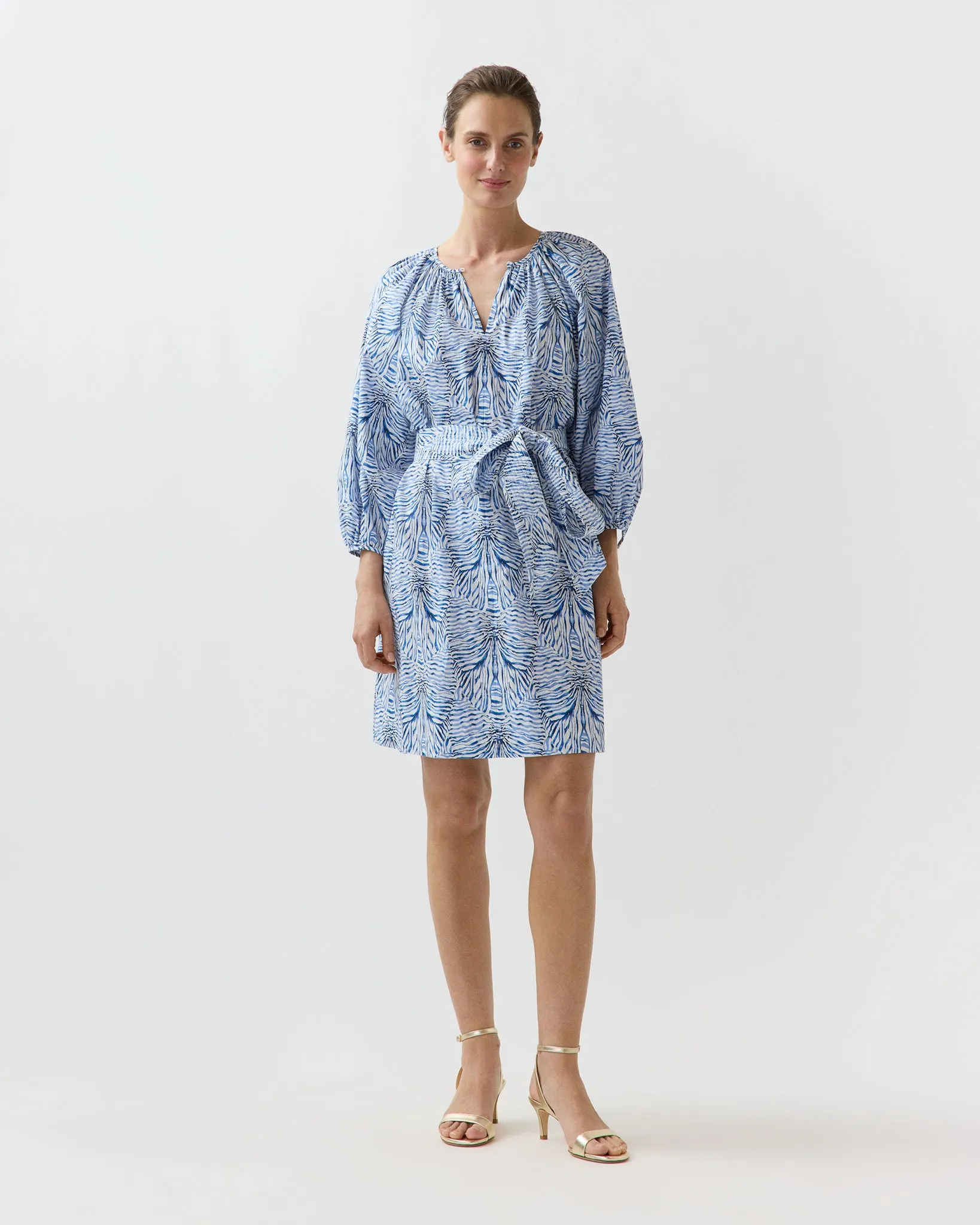 Genevieve Dress in Blue Stripe & Bow Liberty Fabric sold by Mashburn