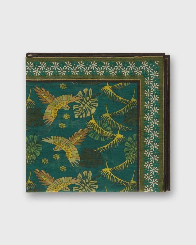 Hand-Rolled Cotton Print Pocket Square in Green/Brown Tropical Bird Scene made by Sid Mashburn