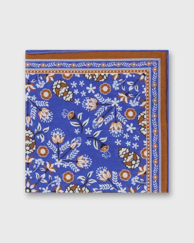Hand-Rolled Silk/Cotton Print Pocket Square in Blue/Umber/Chalk Floral made by Sid Mashburn
