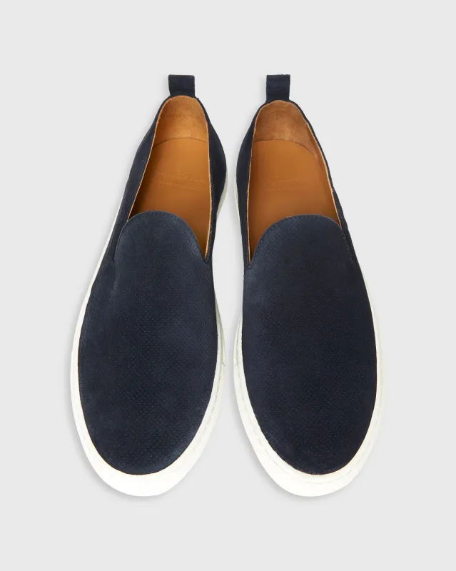 Slip-On Sneaker in Navy Perforated Suede made by Sid Mashburn