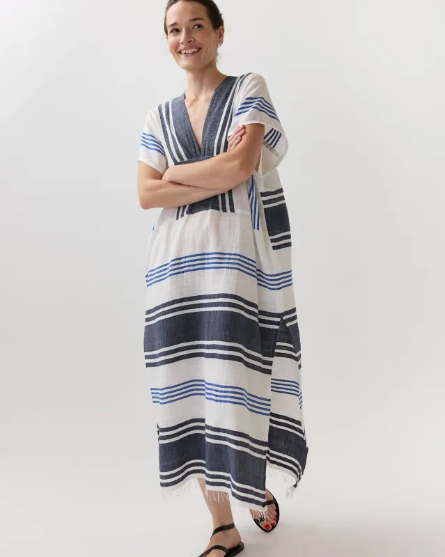 Gasira V-Neck Caftan in Marina Blue made by lemlem