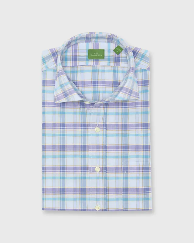 Spread Collar Sport Shirt in Blue Multi/Gold Plaid Poplin made by Sid Mashburn