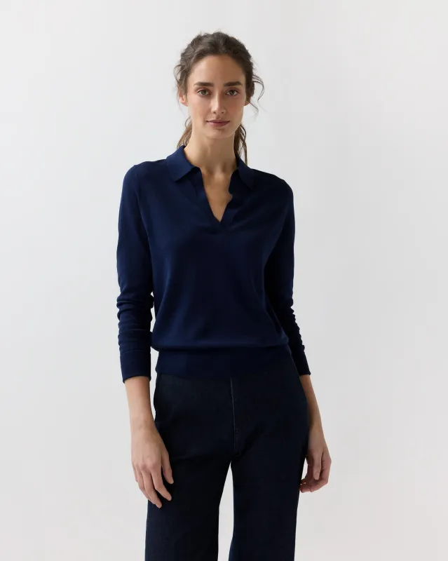 Alida Johnny-Collar Sweater in Navy Ice Cotton made by Mashburn