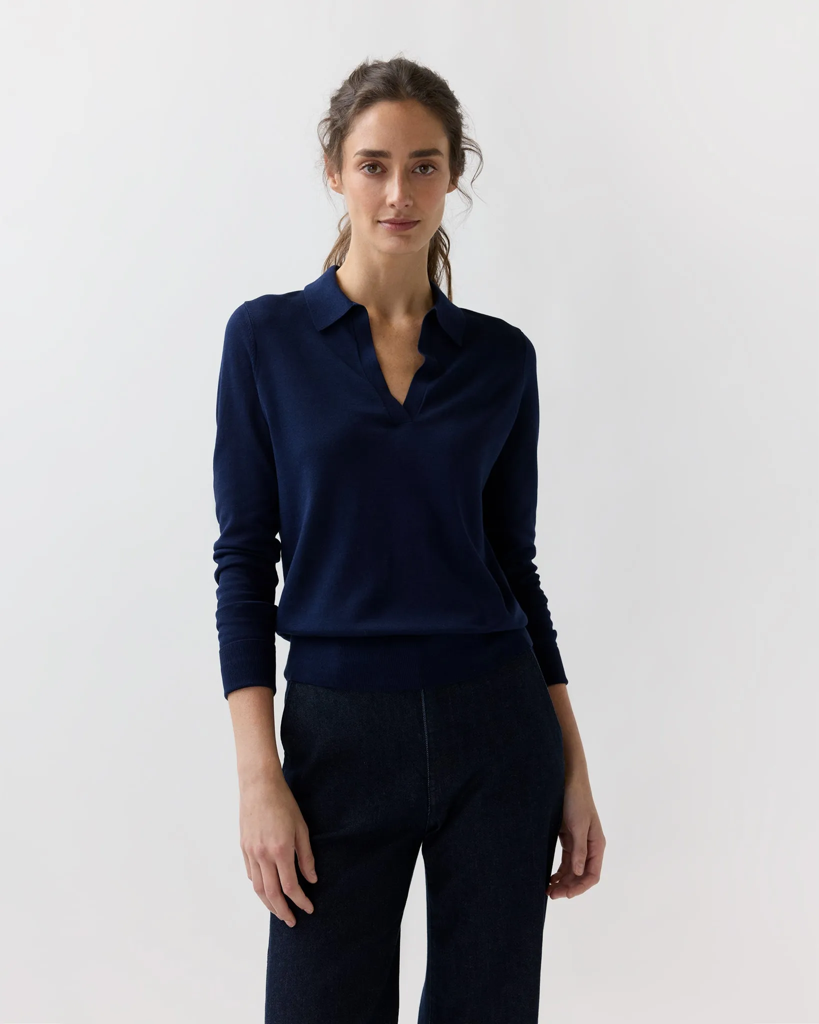 Alida Johnny-Collar Sweater in Navy Ice Cotton sold by Mashburn