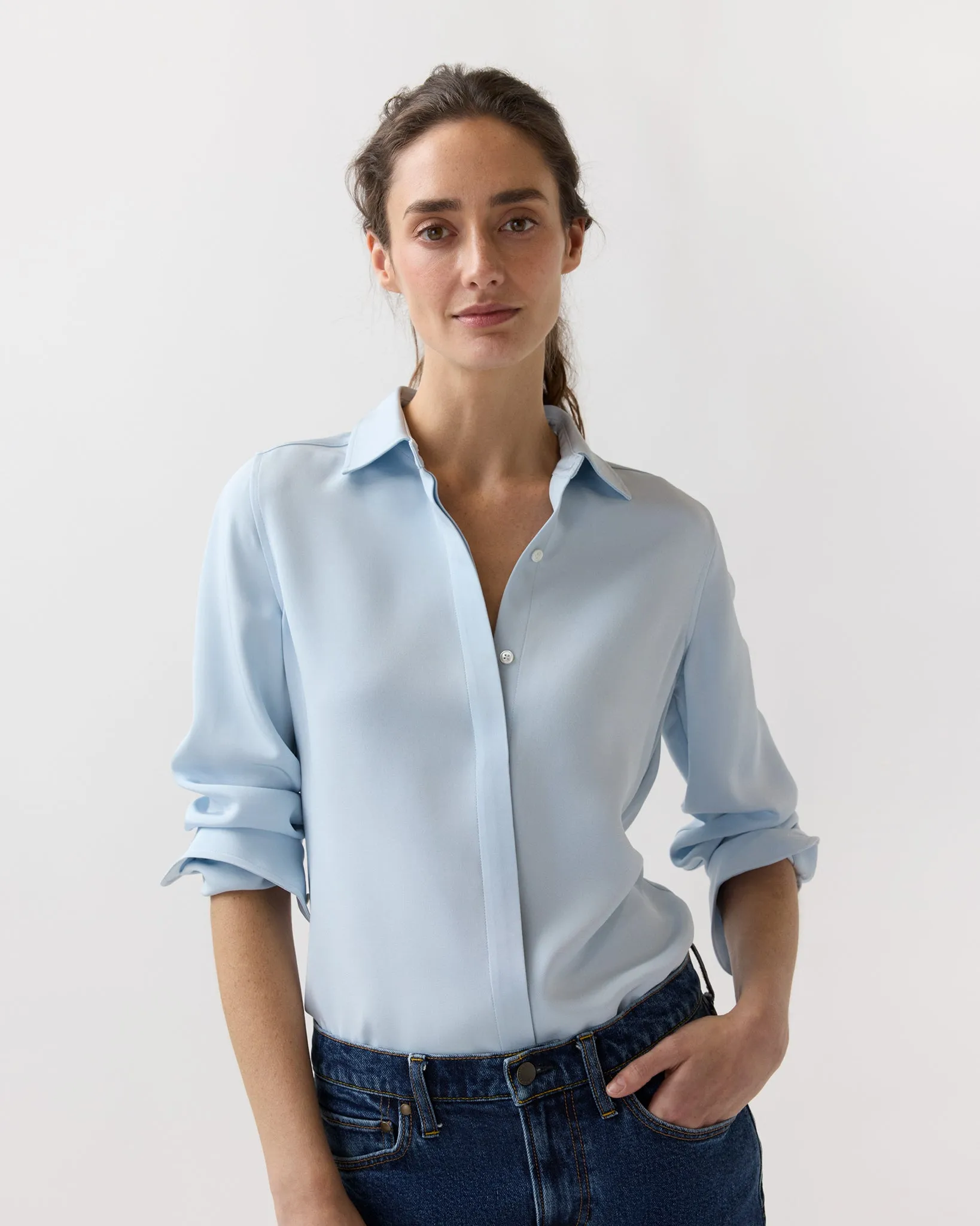 Classic Blouse in Pale Blue Silk Crepe De Chine sold by Mashburn
