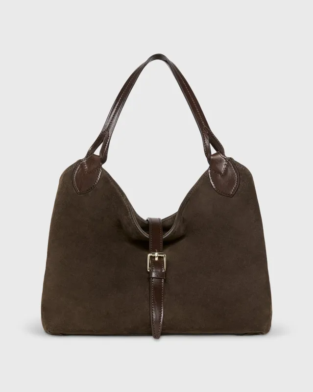 Sally Tote in Dark Brown Suede/Leather made by Mashburn